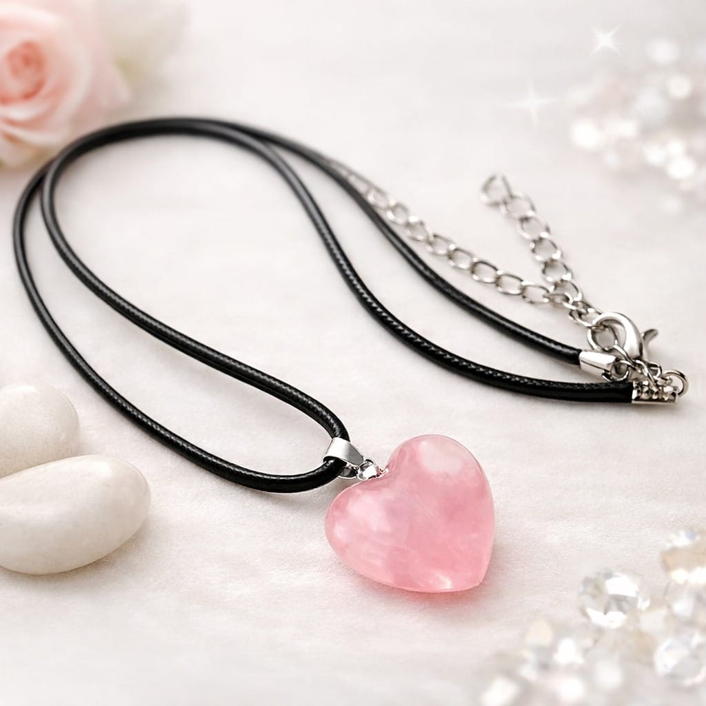 Collar Amuleto Corazón De Cuarzo Rosa 2 Cm.