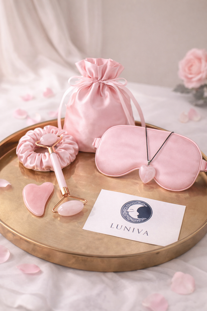 Pink Set de Regalo: Máscara de Ojos para Dormir + Masajeador Facial para Mujeres + Ligas para el Cabello + Bolsa de Regalo